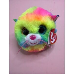 Ty Puffies Gizmo Cat Rainbow Tie Dye Plush Stuffed Animal‎ Glitter Eyes Round 3"